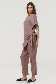 Pantaloni pana din in, cu siret in talie, roz prafuit inchis imagine