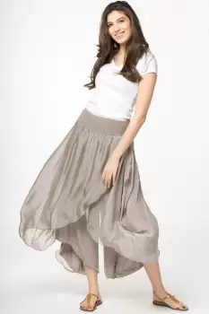 Pantaloni petrecuti din matase naturala bej fango, tip salvari imagine