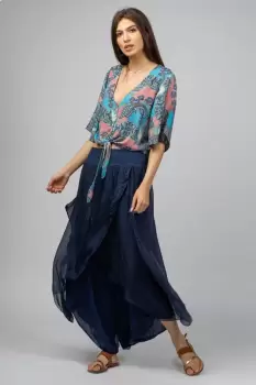 Pantaloni petrecuti din matase naturala bleumarin, tip salvari imagine