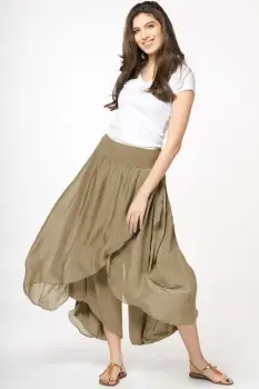 Pantaloni petrecuti din matase naturala camel, tip salvari imagine