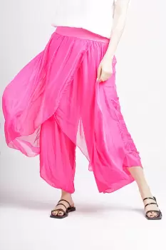 Pantaloni petrecuti din matase naturala fucsia, tip salvari imagine