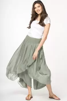 Pantaloni petrecuti din matase naturala kaki, tip salvari imagine