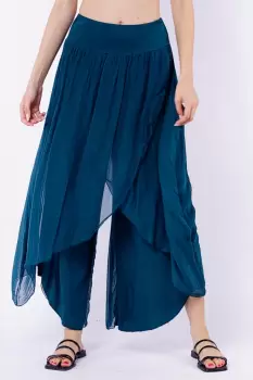 Pantaloni petrecuti din matase naturala turcoaz inchis, tip salvari imagine