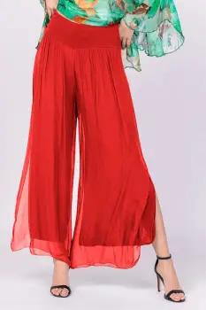 Pantaloni rosii din matase naturala cu crapaturi laterale imagine