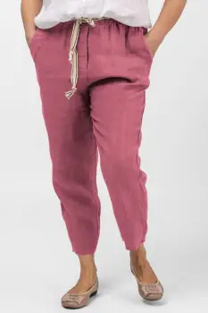 Pantaloni roz inchis din in, pana, cu snur alb imagine