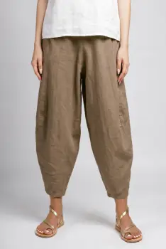 Pantaloni salvari din in cu croi lejer si volumetric, bej inchis imagine