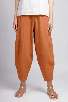 Pantaloni salvari din in cu croi lejer si volumetric, caramizii imagine