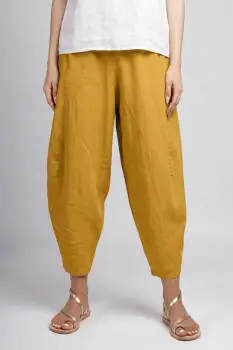 Pantaloni salvari din in cu croi lejer si volumetric, galben mustar imagine
