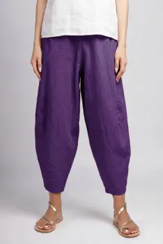 Pantaloni salvari din in cu croi lejer si volumetric, mov imagine