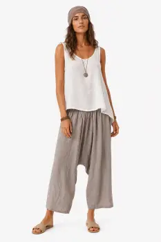 Pantaloni salvari din in cu talie elastica, bej inchis imagine