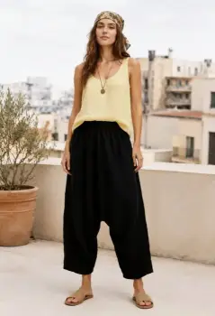 Pantaloni salvari din in cu talie elastica, negri imagine