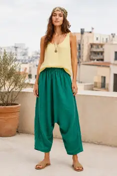 Pantaloni salvari din in cu talie elastica, verde smarald imagine
