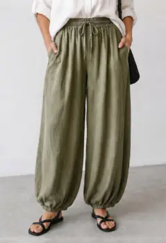 Pantaloni tip balon din lyocell cu talie elastica si buzunare, kaki imagine