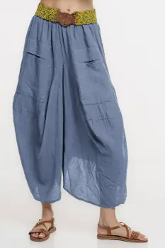 Pantaloni tip salvari din in, croiala asimetrica si buzunare, albastru jeans imagine