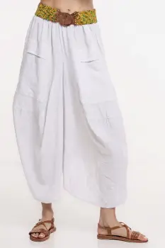 Pantaloni tip salvari din in, croiala asimetrica si buzunare, albi imagine