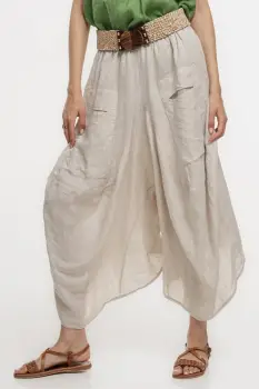 Pantaloni tip salvari din in, croiala asimetrica si buzunare, bej imagine