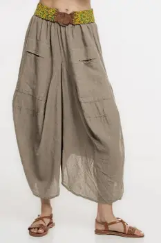 Pantaloni tip salvari din in, croiala asimetrica si buzunare, bej inchis imagine