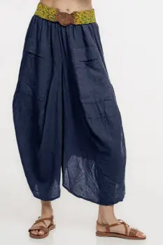 Pantaloni tip salvari din in, croiala asimetrica si buzunare, bleumarin imagine