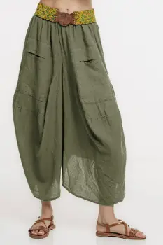 Pantaloni tip salvari din in, croiala asimetrica si buzunare, kaki imagine