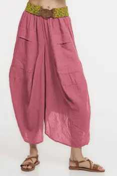 Pantaloni tip salvari din in, croiala asimetrica si buzunare, roz inchis imagine