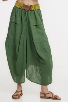 Pantaloni tip salvari din in, croiala asimetrica si buzunare,verde olive imagine