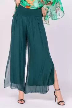 Pantaloni turcoaz inchis din matase naturala cu crapaturi laterale imagine