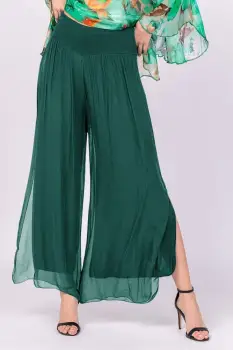 Pantaloni verde inchis din matase naturala cu crapaturi laterale imagine