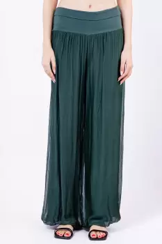 Pantaloni verde inchis din matase naturala, tip salvari imagine