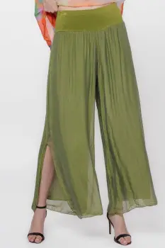 Pantaloni verde olive din matase naturala cu crapaturi laterale imagine