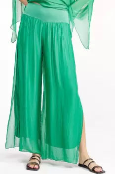 Pantaloni verzi din matase naturala cu crapaturi laterale imagine