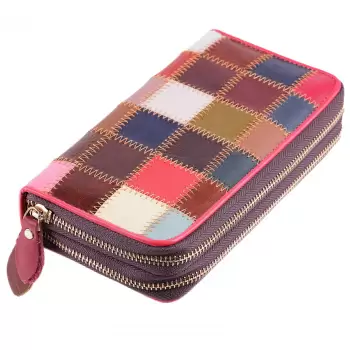 Portofel cu patrate multicolore, din piele naturala, cu doua fermoare imagine