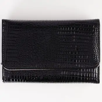 Portofel din piele naturala lucioasa, cu aspect piele de sarpe si capse interioare, negru imagine