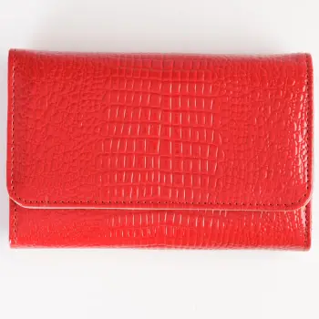 Portofel din piele naturala lucioasa, cu aspect piele de sarpe si capse interioare, rosu imagine