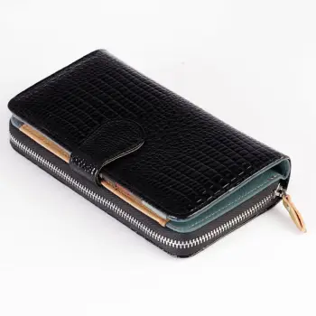 Portofel din piele naturala lucioasa, cu aspect piele de sarpe si prindere cu capsa exterioara, negru imagine