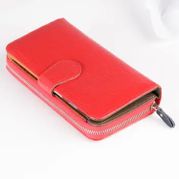 Portofel din piele naturala lucioasa, cu aspect piele de sarpe si prindere cu capsa exterioara, rosu imagine