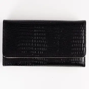 Portofel din piele naturala lucioasa, cu aspect piele de sarpe si prindere cu capsa, negru imagine