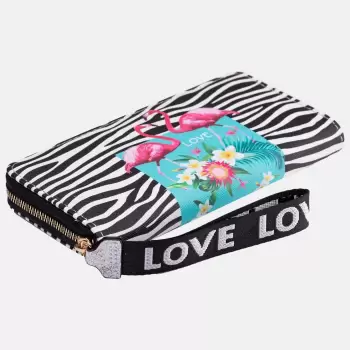 Portofel imprimeu flamingo pe fond alb si negru imagine