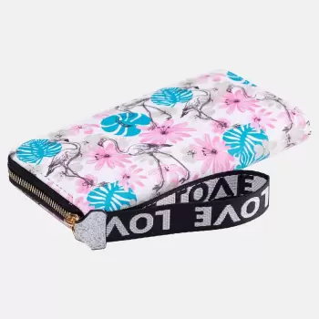 Portofel imprimeu flamingo si flori roz pe fond alb imagine