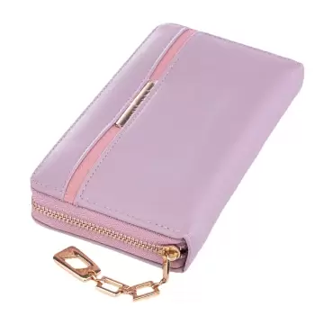Portofel lila cu detaliu liniar la exterior si lant decorativ auriu imagine