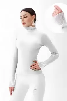 Pulover alb cu volanas plisat la maneca si la gat imagine