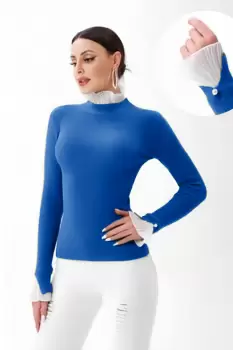 Pulover albastru cu volanas plisat la maneca si la gat imagine
