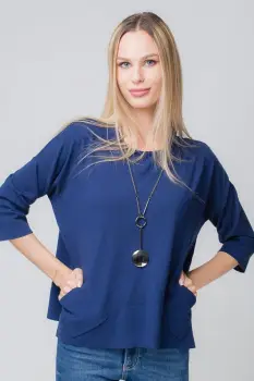 Pulover bleumarin, din vascoza, cu buzunare aplicate imagine