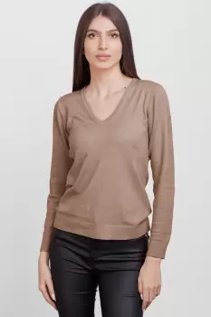 Pulover cu decolteu V, din vascoza, bej inchis imagine