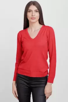 Pulover cu decolteu V, din vascoza, rosu imagine