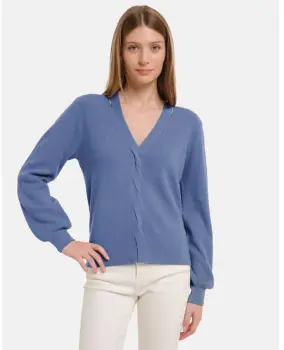 Pulover cu impletitura decorativa si decolteu in V, bleu imagine