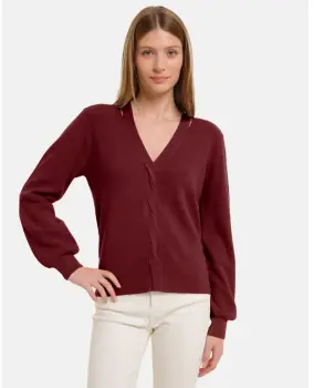 Pulover cu impletitura decorativa si decolteu in V, bordo imagine