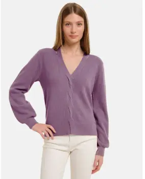 Pulover cu impletitura decorativa si decolteu in V, mov lavanda imagine
