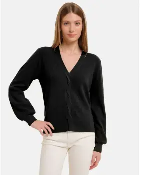 Pulover cu impletitura decorativa si decolteu in V, negru imagine