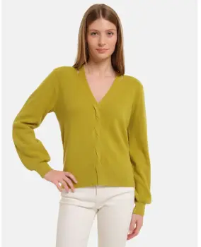 Pulover cu impletitura decorativa si decolteu in V, verde oliv imagine