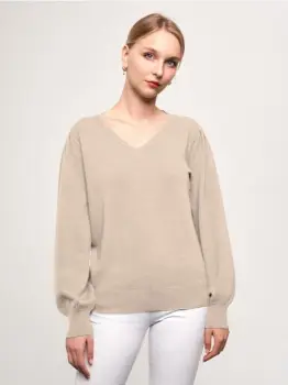 Pulover cu maneca bufanta si decolteu in V, din tricotaj fin, bej imagine